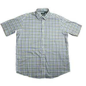 Orvis Men Size L Yellow Gray Cotton Stretch Plaid Classic Fit Short Sleeve Shirt